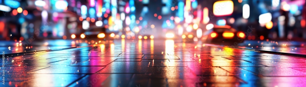 Vibrant night scene with reflections on wet pavement Vibrant night scene with reflections on wet pavement