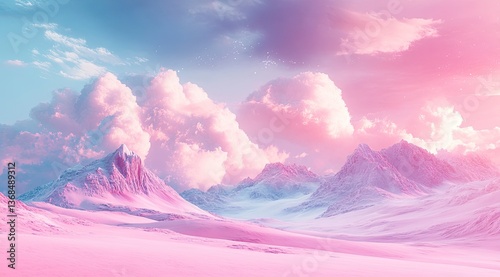 Pastel Pink Mountain Landscape with Cloudy Sky for Fantasy Backgrounds