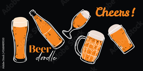 Doodle of beer in bottle and glass. Simple outline of alcoholic drink made out of hops. Vector illustration for online and print design projects. 
