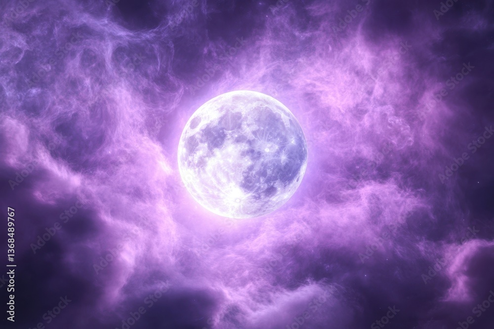 Fototapeta premium Bright full moon shining through swirling purple clouds in a night sky