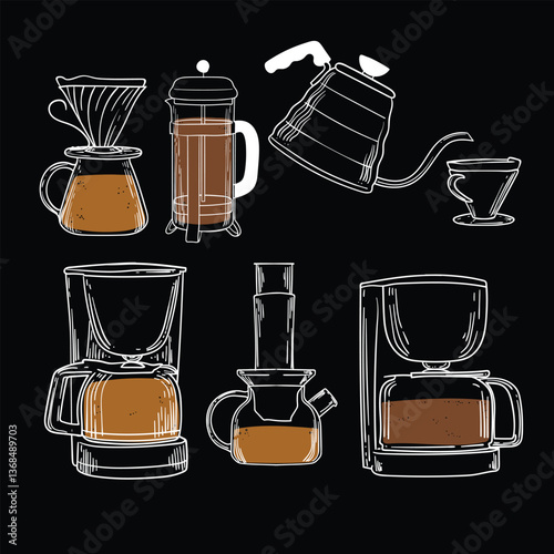 Doodle of coffee drinks in cups and pots. Simple outline of energizing drinks made out of coffee beans. Different types of coffee makers such as french press, aeropress, drip coffee. 