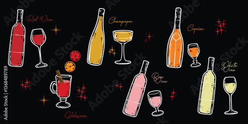 Doodle of alcohol drinks in glass bottles and glasses. Simple outline of alcoholic drinks such as wine, cognac, champagne. Vector illustration for online and print design projects. 