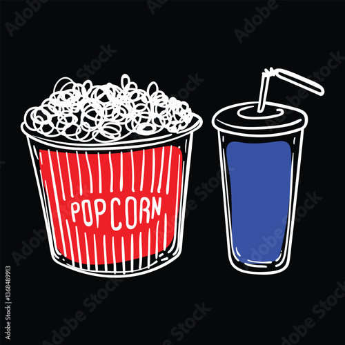 Doodle of popcorn bucket and plastic soda cup with a straw. Simple outline of movie snacks made out of corn. Vector illustration for online and print design projects. 