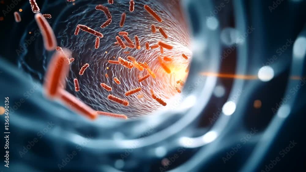 Highly detailed D illustration of beneficial gut microbes forming a protective barrier inside the digestive tract, symbolizing gut health and immunity.