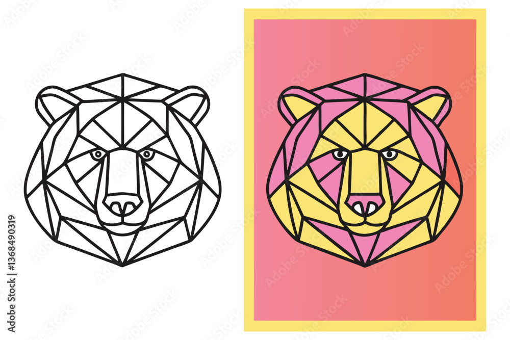 Geometric Bear Head Illustration, Black Outline and Pink Yellow Colored on Geometric Bear Head Illustration, Black Outline and Pink Yellow Colored on