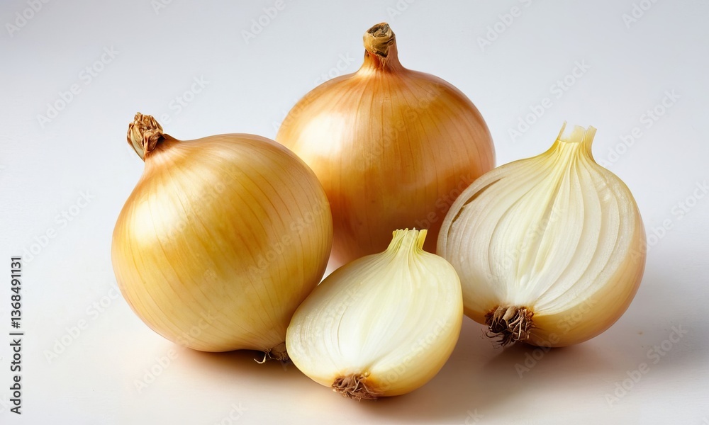 Fototapeta premium Pile of golden onions, some halved, showcasing fresh and natural ingredients