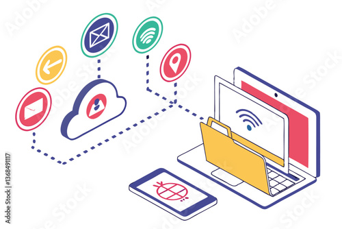 17 Social media concept, digital communication, colorful icons, laptop and folder, interconnected network, vector graphic, modern design, technology illustration, minimalist style, isolated on white b