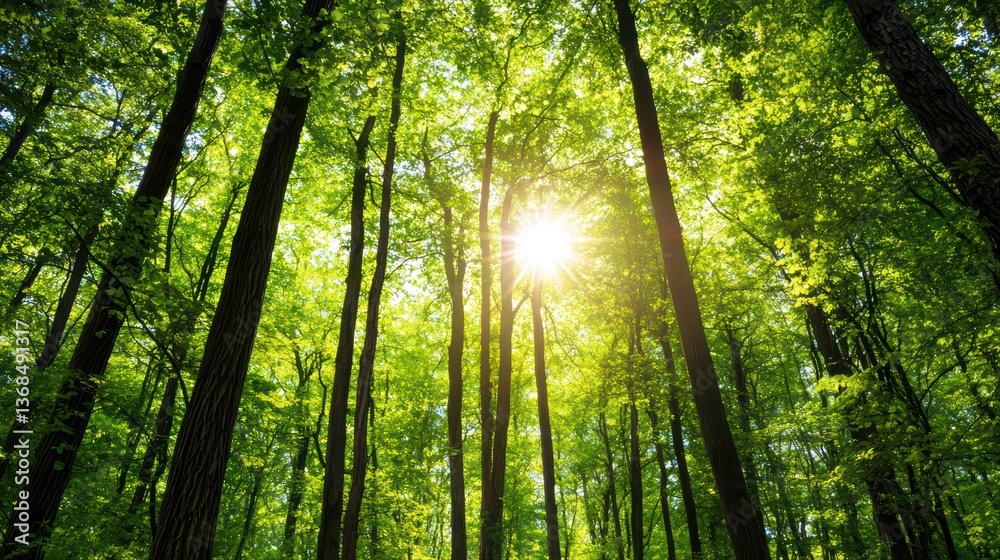 Obraz premium Sunlight filtering through lush green forest canopy