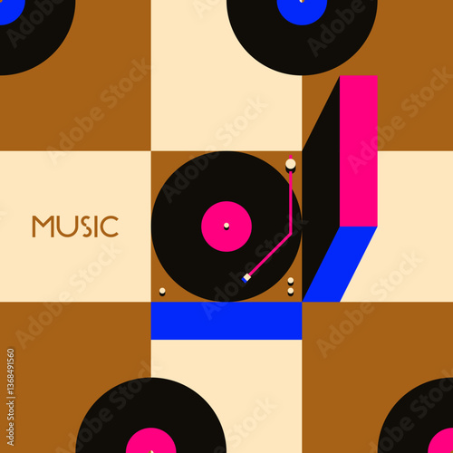 3D Turntable. Musical poster for your design. Music design elements for card, invitation, flyer. Music cover. Music background vector illustration. Vinyl record.