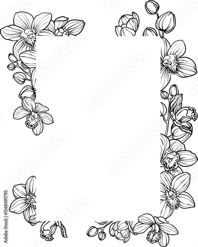 Frame with  orchid flowers, floral illustration for wedding event invitation Orchid flower and leaf hand drawn botanical illustration with line art