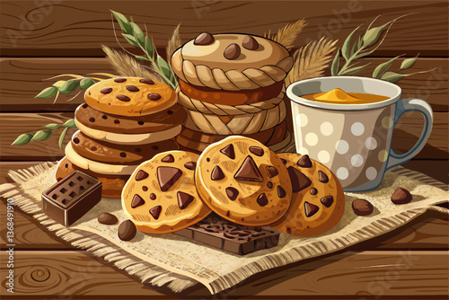 vector of Sweet Delights A Rustic Collection of Chocolate Chip Cookies on a Burlap Cloth and Wooden Surface