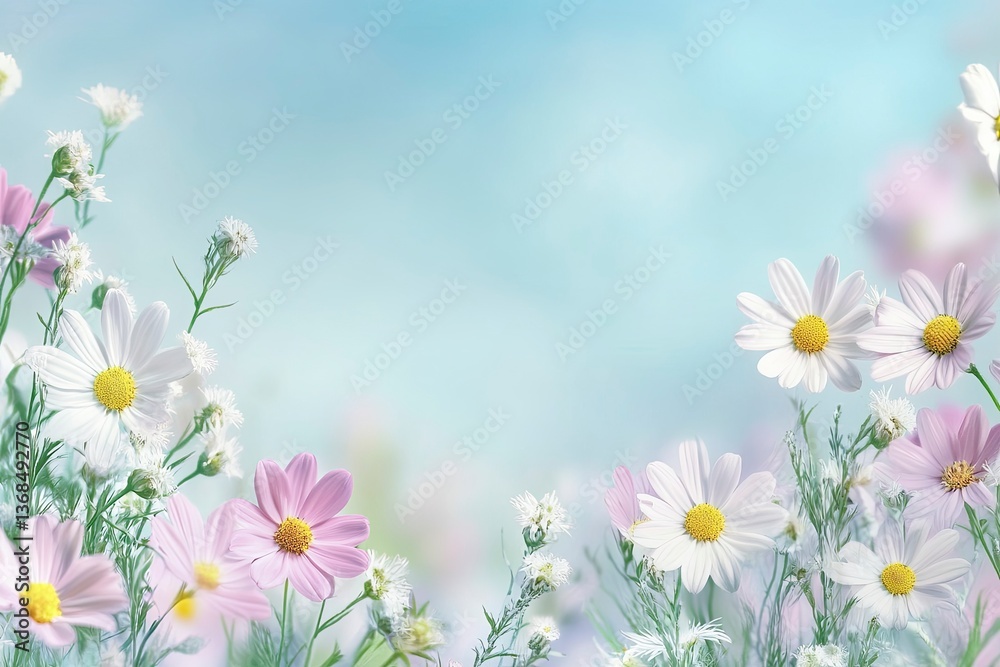 Fototapeta premium Blooming Daisies and Cosmos Flowers with a Soft Pastel Sky Background