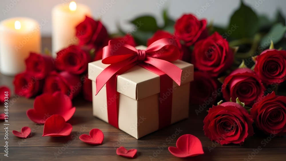 A charming beige gift box with a red satin ribbon, surrounded by red roses, petals, and lit candles, creating a romantic and cozy atmosphere. A charming beige gift box with a red satin ribbon, surrounded by red roses, petals, and lit candles, creating a romantic and cozy atmosphere.