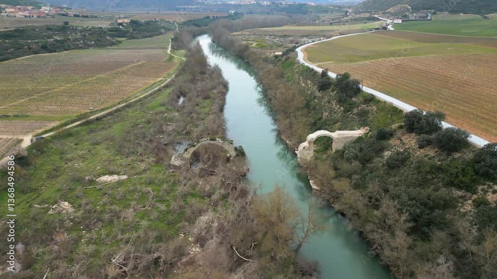 Medieval bridge over the Ebro river between the vineyards in the Rioja Valley, Spain. Aerial shot with drone Medieval bridge over the Ebro river between the vineyards in the Rioja Valley, Spain. Aerial shot with drone