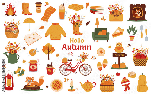 Autumn set. Set of autunm elements. Collection of fall season cliparts. Autumn concept.