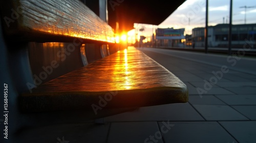 Wooden bench at train station bathed in golden sunset light