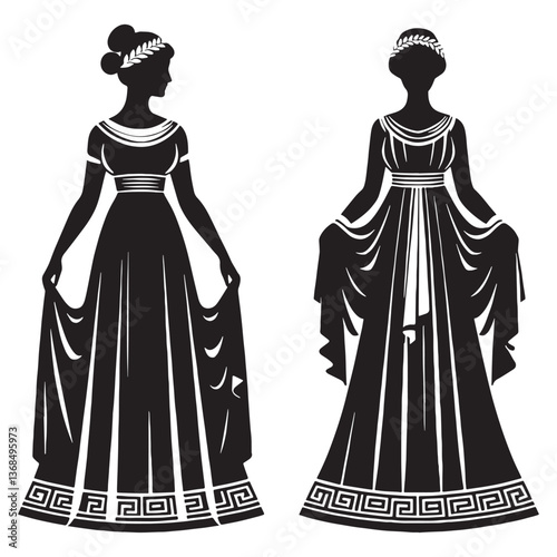 Aristocratic Greek noblewoman silhouette, capturing the grace of noble lineage - Greek noblewoman illustration - Greek noblewoman vector - Classical Greek silhouette

