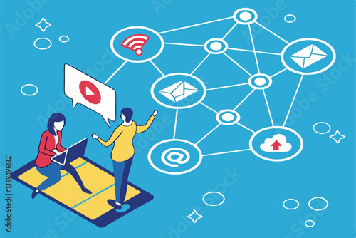 19 social media network, flat design, interconnected icons, technology theme, vibrant colors, digital communication, abstract illustration, modern style, blue background