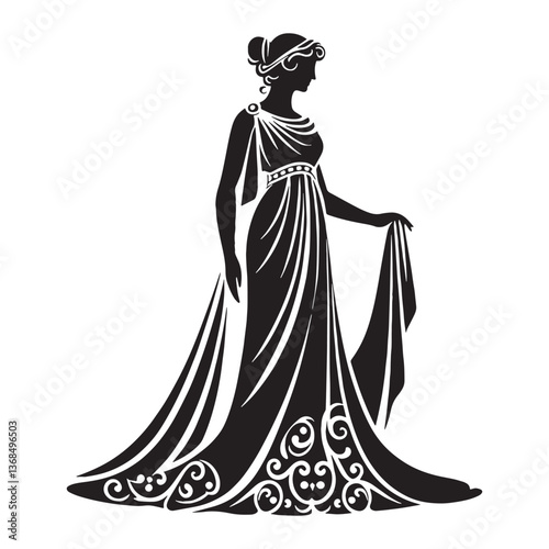 Hellenic Greek noblewoman silhouette, capturing the essence of antiquity - Greek noblewoman illustration - Greek noblewoman vector - Classical Greek silhouette

