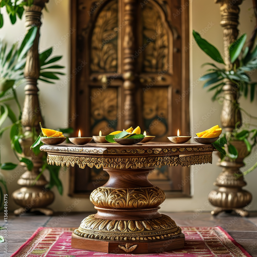 Diwali product display podium background, Doorway to Fortune, luxurious wood, gold engravings, mango leaves, torans, rangoli pattern, Diyas, happiness, ad, podium platform, product presentation space Diwali product display podium background, Doorway to Fortune, luxurious wood, gold engravings, mango leaves, torans, rangoli pattern, Diyas, happiness, ad, podium platform, product presentation space