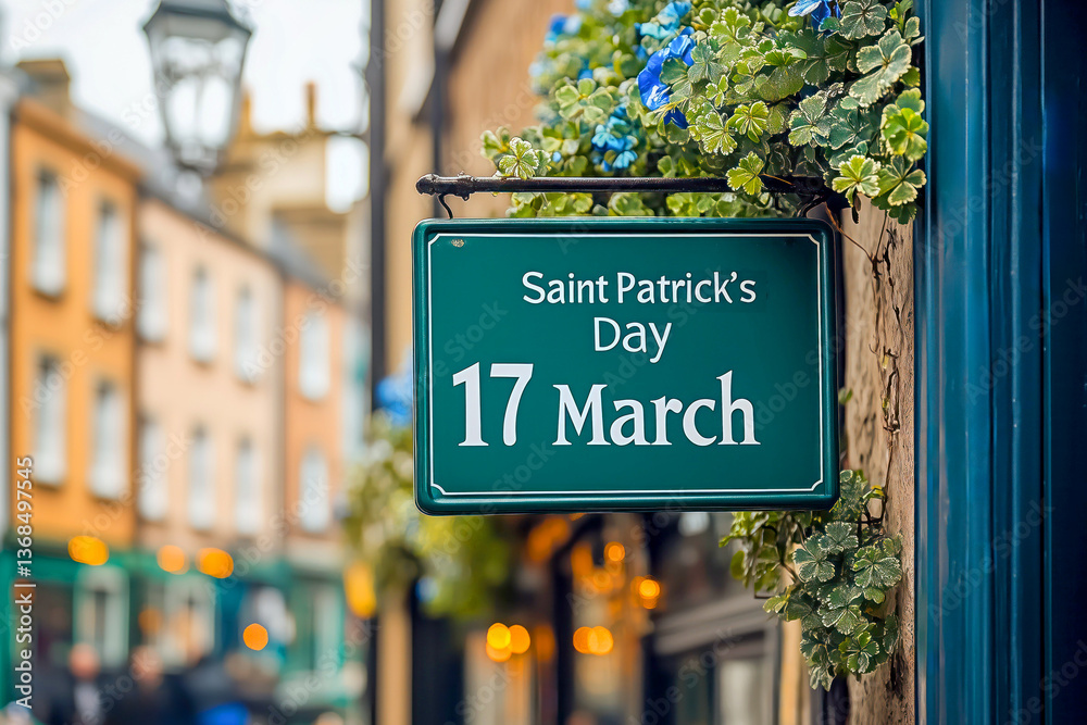 Fototapeta premium Green sign indicating saint patrick's day on 17 march hanging on a building in a dublin street