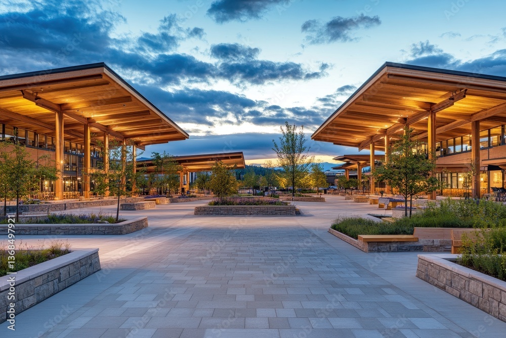 Naklejka premium Modern Architectural Design with Beautiful Landscaping at Dusk