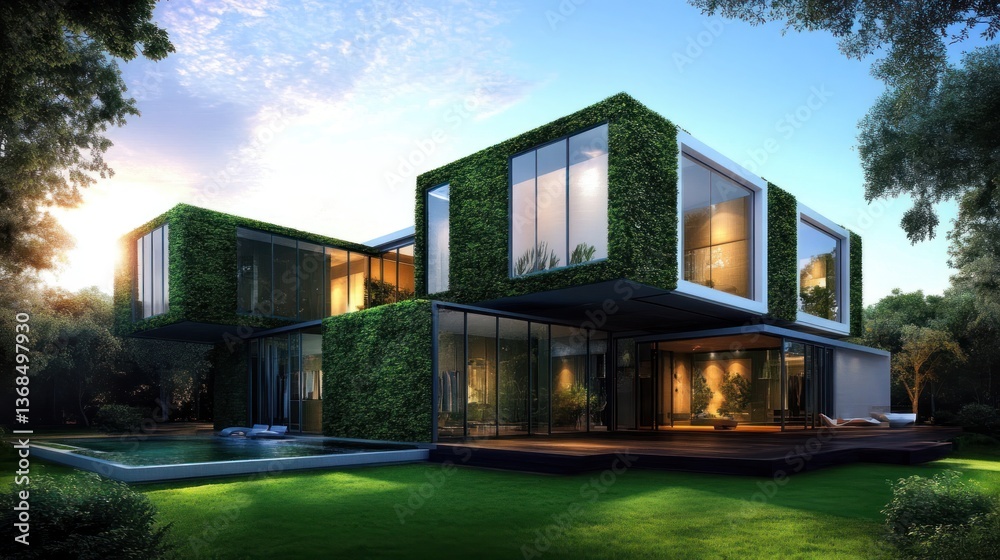 Modern green house sunset forest pool Modern green house sunset forest pool
