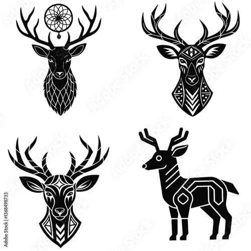 deer head silhouette, Black & white deer head with antler design art vector. A deer head Silhouette, Deer animal hunting elements illustration