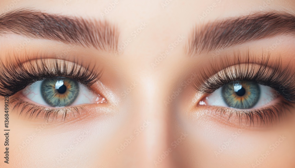 Obraz premium Before And After Transformation Of Female Eyes With Long Faux Eyelashes: Eyelash Extensions, Makeup, Cosmetics, And Beauty In Close-Up Focus.