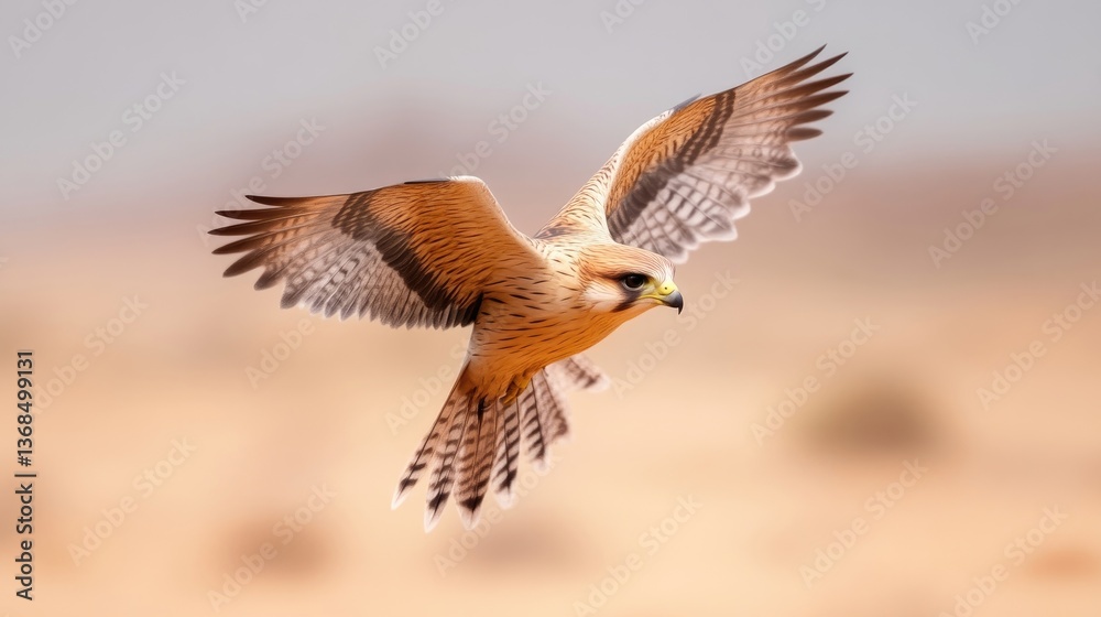 Fototapeta premium Desert falcon in flight. A magnificent raptor soars gracefully over the sandy terrain. Its wings are spread wide, showcasing intricate patterns. 