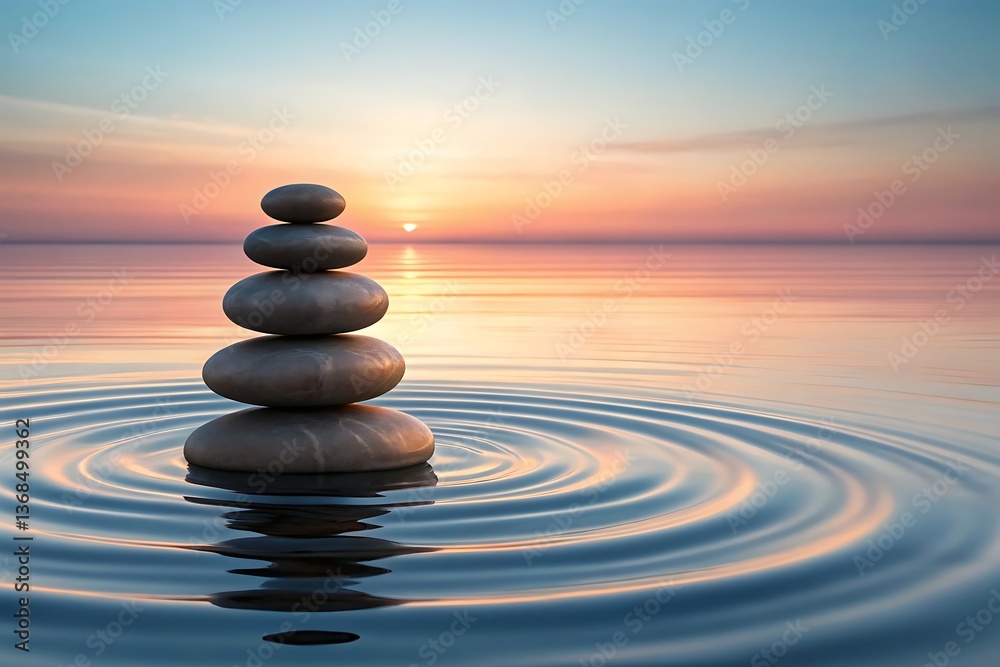 Serenity found: A perfectly balanced stone cairn floats gently on tranquil water at sunset, reflecting peace and inner harmony in soft, pastel hues. Serenity found: A perfectly balanced stone cairn floats gently on tranquil water at sunset, reflecting peace and inner harmony in soft, pastel hues.