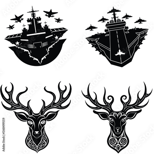 Vector silhouettes of a horse, lion, and boat in a vintage emblem design with tribal and heraldic elements