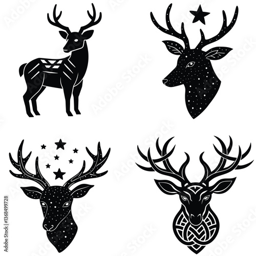 Set of deer silhouettes in a nature-inspired design with antlers, featuring a cute, cartoon-style illustration of wild deer and elk for a Christmas-themed wildlife art piece