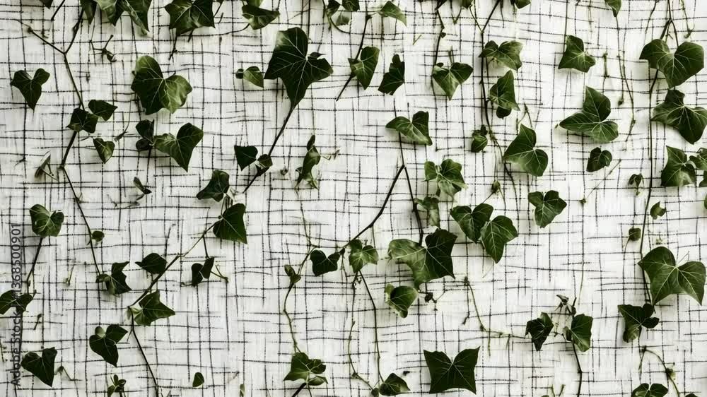 Green ivy leaves climbing wire fence pattern, natural urban background