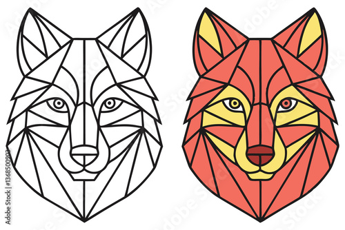 Geometric Wolf Head with Outline and Colored Version, Abstract Animal Design