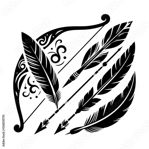 Black and white feather vector illustration with detailed pen drawing and vintage design elements