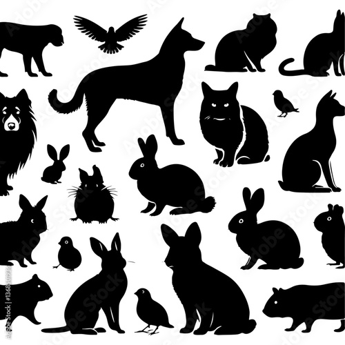 Silhouettes of common pets such as dogs, cats, rabbits, hamsters, and guinea pigs.
