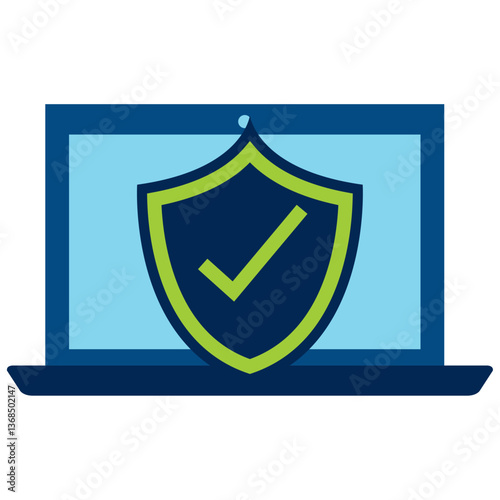 Vector illustration of a blue laptop displaying a shield with a green checkmark, symbolizing computer security, online protection, data privacy, antivirus verification, and a secure system.