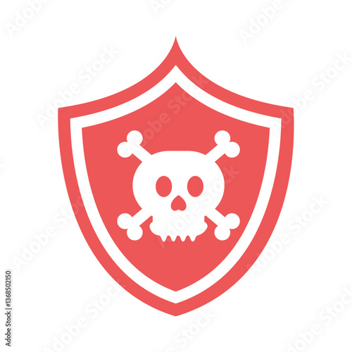 Vector illustration of a red shield with a white outline, displaying a white skull and crossbones symbol, representing danger, toxicity, a security threat, virus warning, malware alert, or a general i
