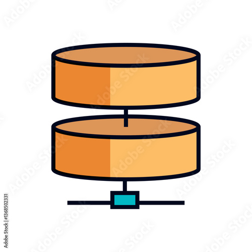 Vector illustration of a tiered orange database icon, connected by blue lines representing a network or server, symbolizing data storage.