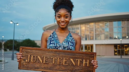A smiling young woman holds a wooden “JUNETEENTH” sign while standing near a modern building, showing pride in cultural history and celebration.
