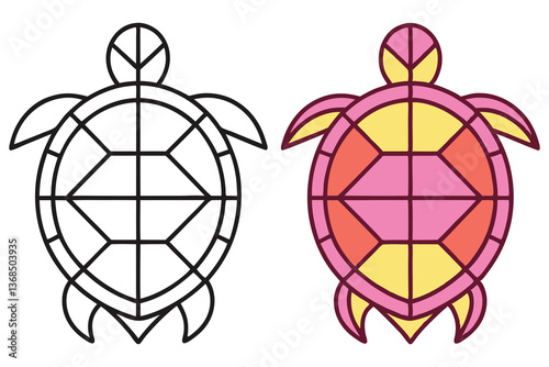 Turtle Outline With Colored Version on White Background