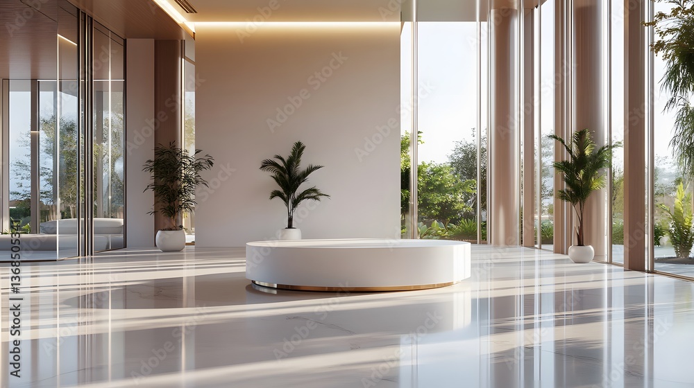 131. A polished, clean podium in a spacious, well-lit room with enough empty space around it to place a modern, high-end product 131. A polished, clean podium in a spacious, well-lit room with enough empty space around it to place a modern, high-end product