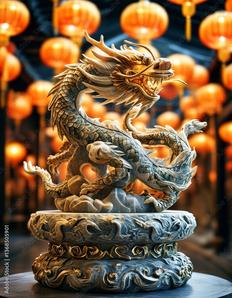 China National day product display podium background, Dragon’s Triumph, stone and gold, intricate dragon, golden dragon, clouds, glowing Chinese lantern, representing strength, prosperity, unity, ad China National day product display podium background, Dragon’s Triumph, stone and gold, intricate dragon, golden dragon, clouds, glowing Chinese lantern, representing strength, prosperity, unity, ad