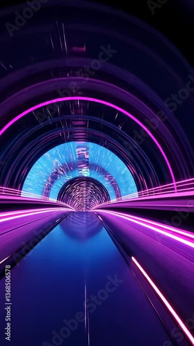 Futuristic tunnel with neon lights and motion blur under starry night sky