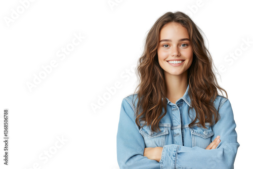 Lächelnde junge Frau in Jeansjacke PNG mit transparentem Hintergrund

