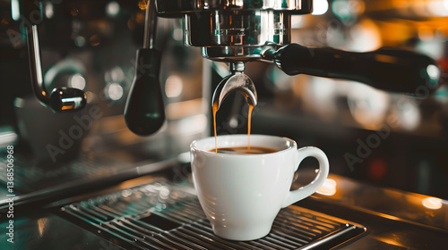 Coffee brewing in a modern espresso machine at a vibrant cafe during early morning hours