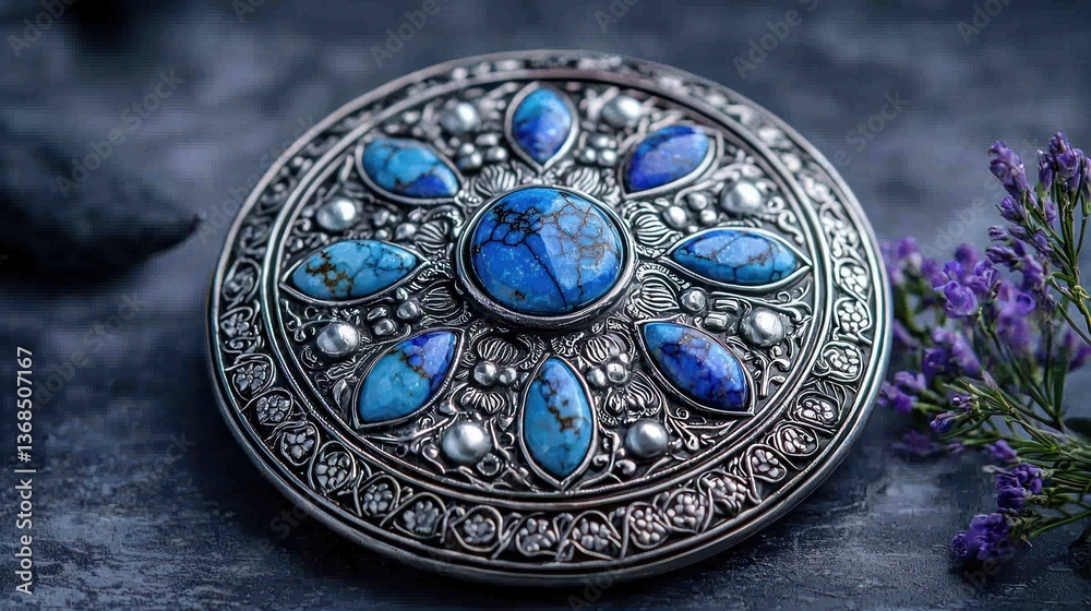 Ornate circular brooch with turquoise gemstones Ornate circular brooch with turquoise gemstones