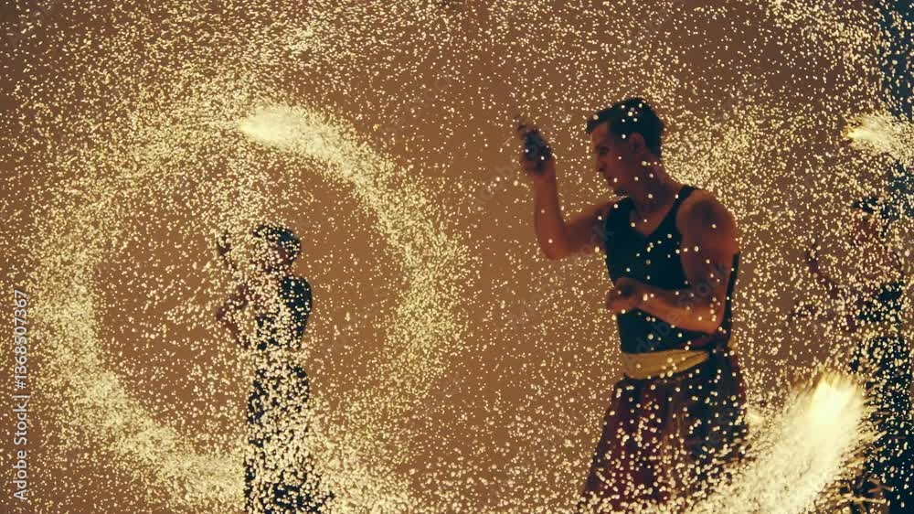 Dynamic fire show performance featuring acrobatic movements at night, slow motion isolated cinematic shot