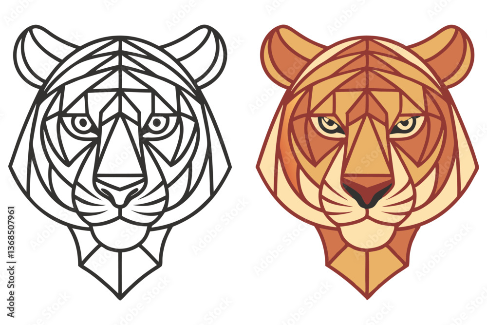 Fototapeta premium Geometric Tiger Head Modern Outline, Colored on White Backdrop